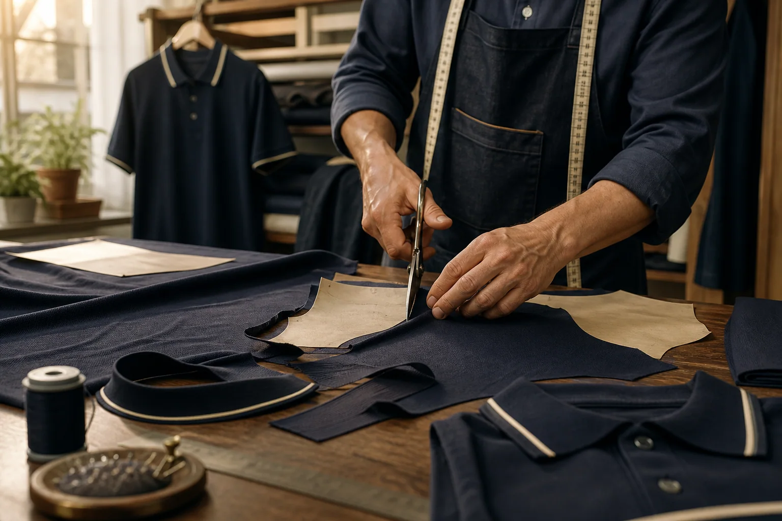 Profissional cortando tecido para a produção de uniformes