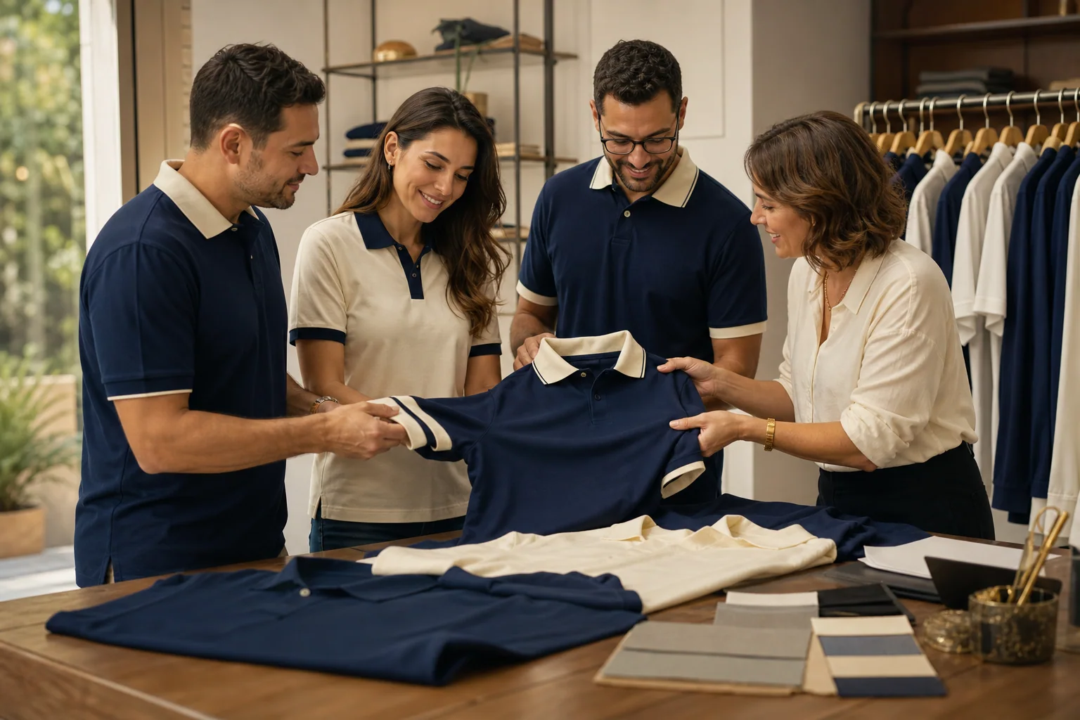 Equipe avaliando o acabamento de novos uniformes em um ateliê