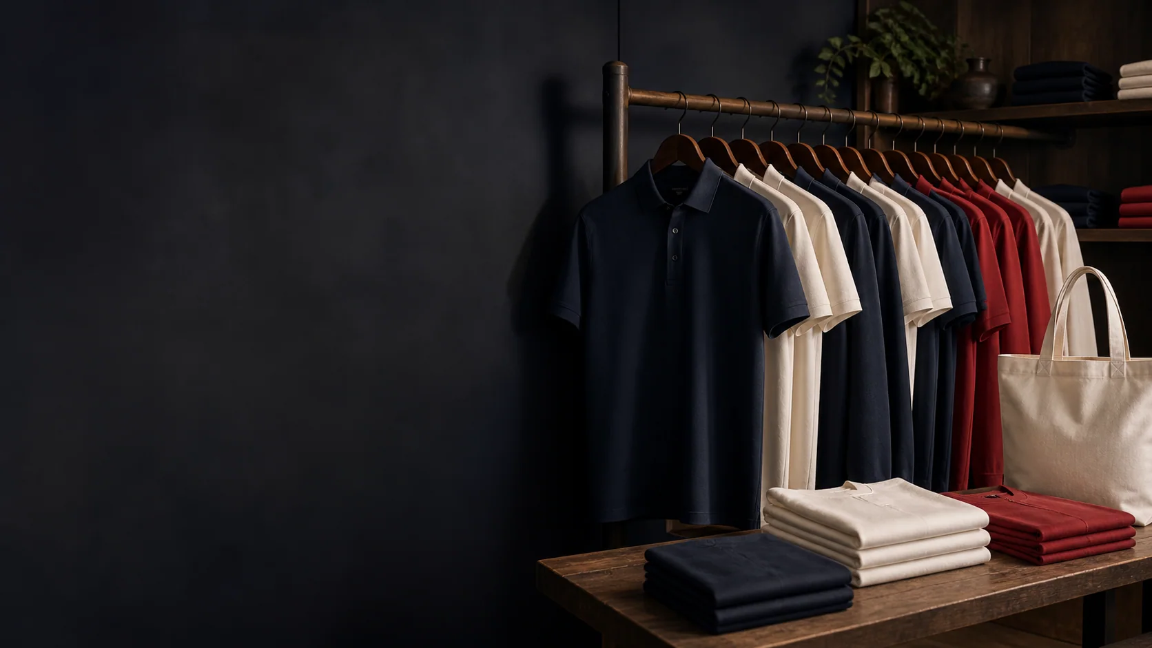 Exposição de polos e camisetas em uma loja de vestuário
